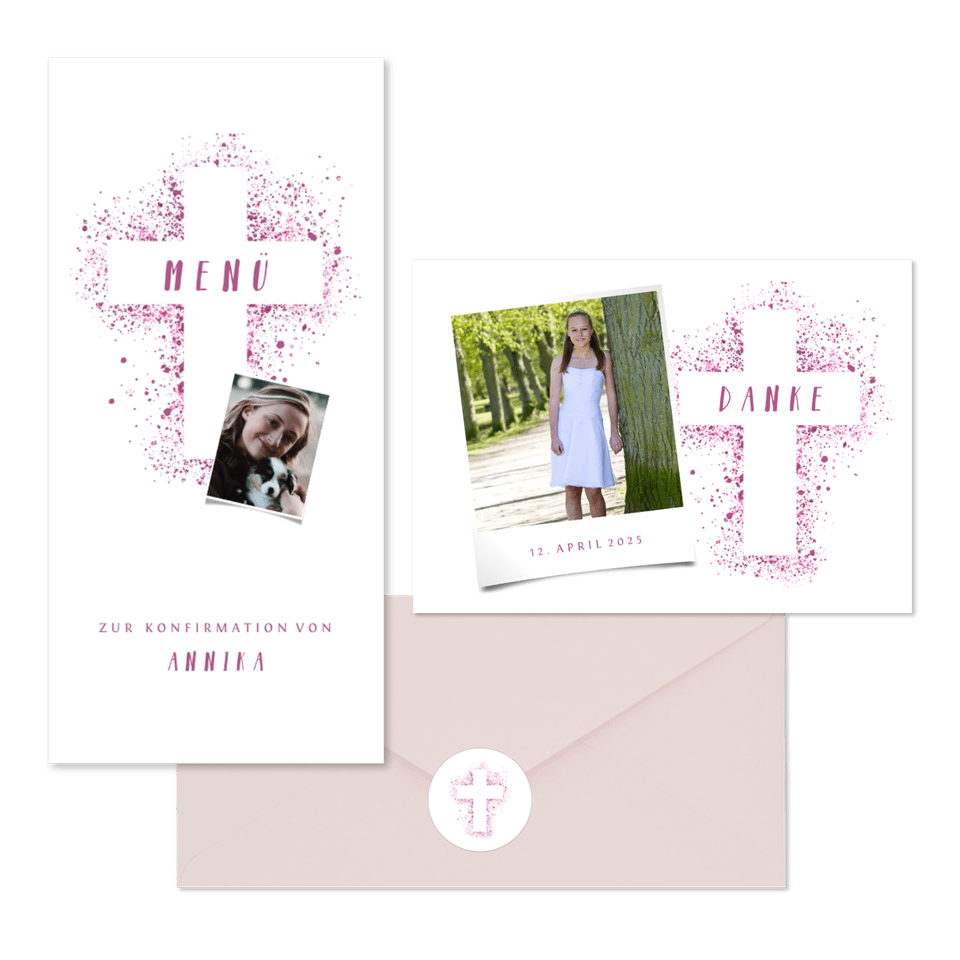 Konfirmation - Kreuz Farbspritzer rosa