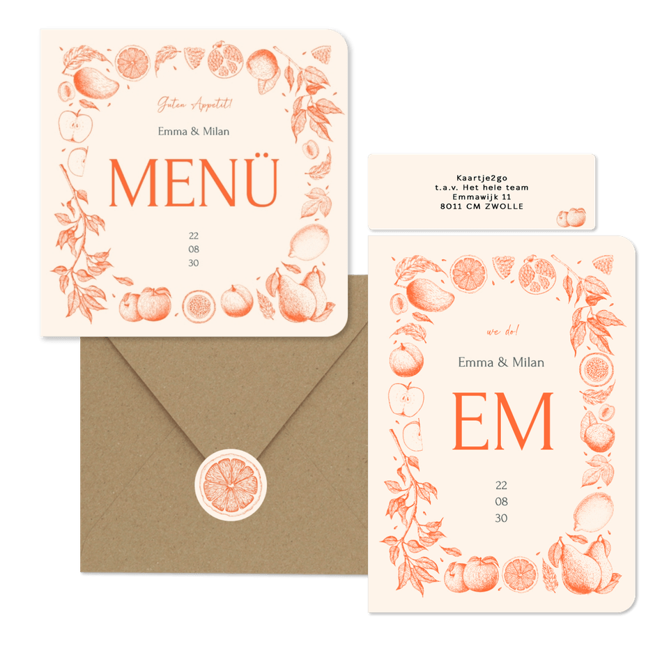 Hochzeit - Früchte in feinen Linienzeichnungen orange