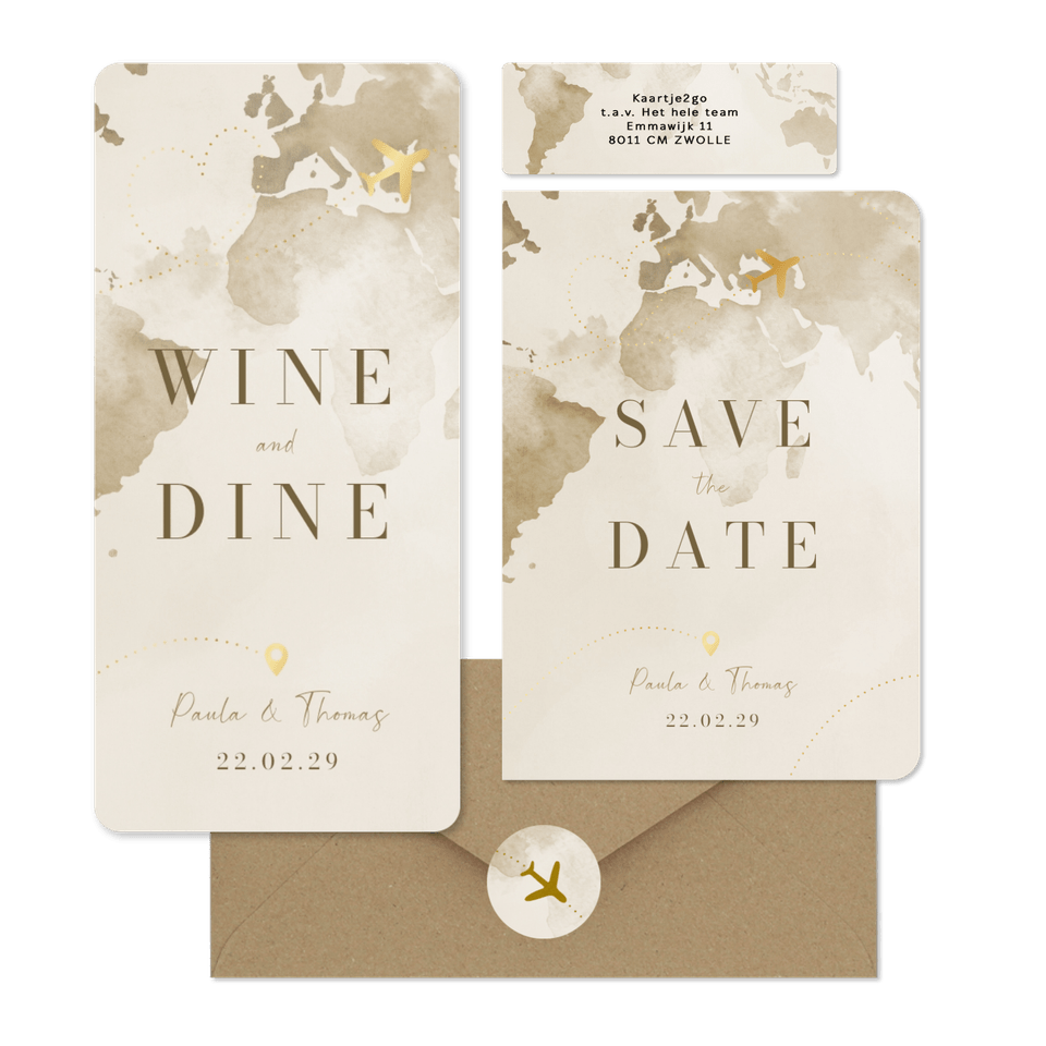 Hochzeitskartenset Aquarell Weltkare in Beige mit goldenem Flugzeug