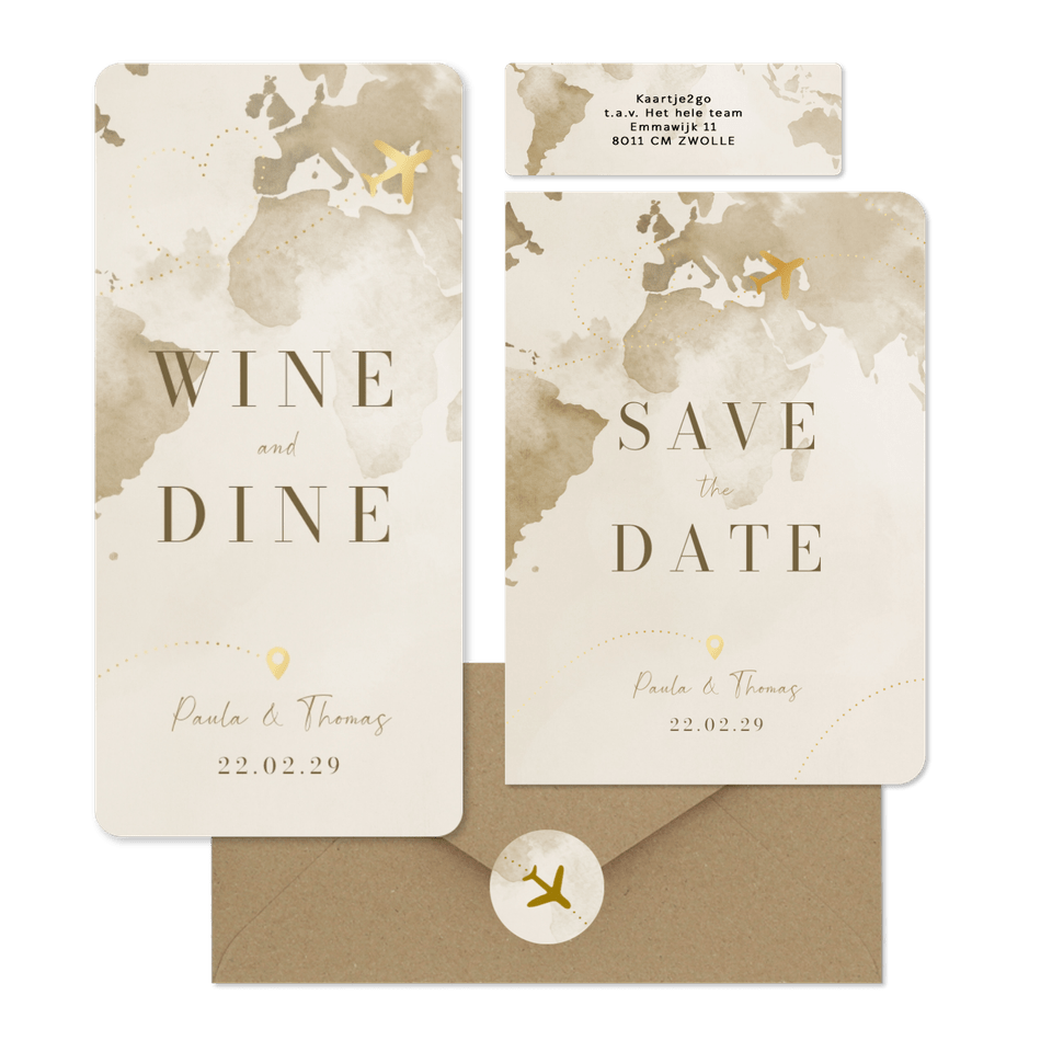 Hochzeitskartenset Aquarell Weltkare in Beige mit goldenem Flugzeug