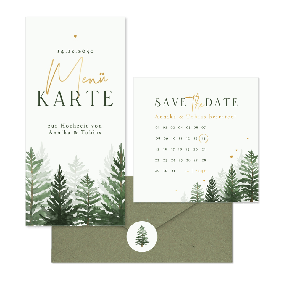 Winterhochzeit Kartenset Tannenbäume in Aquarell auf Hellgrün