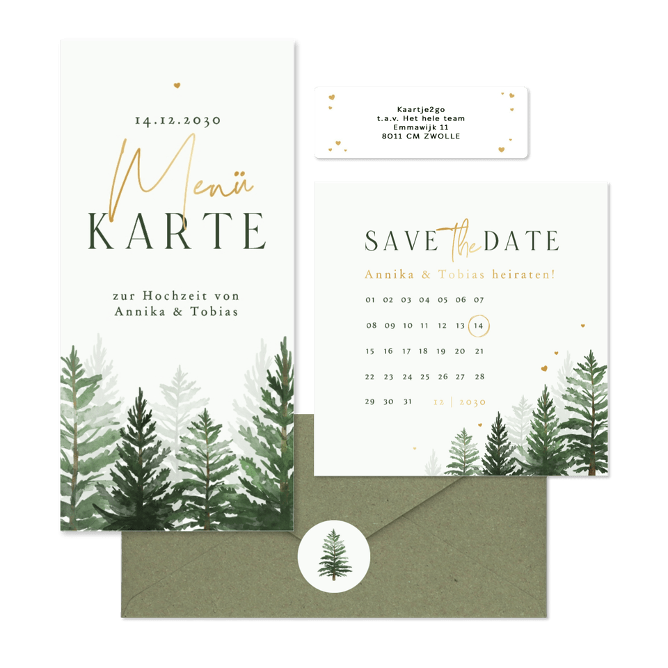 Winterhochzeit Kartenset Tannenbäume in Aquarell auf Hellgrün