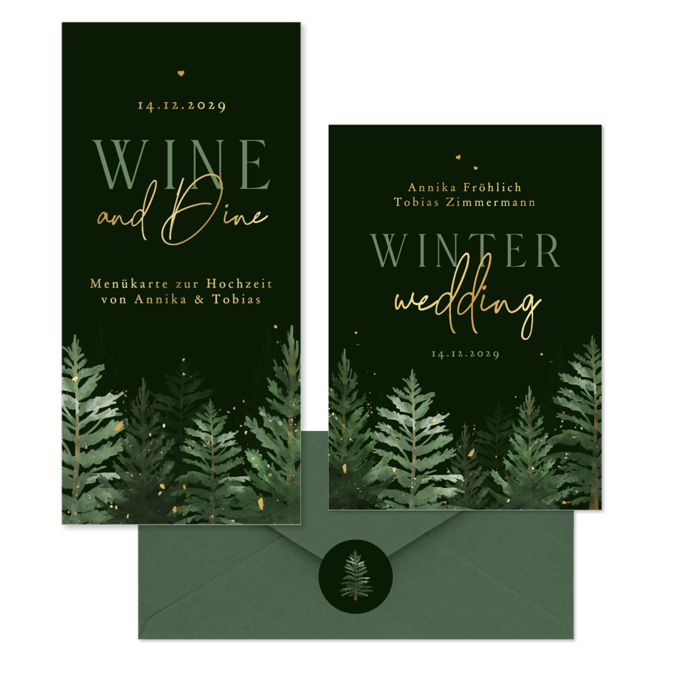 Hochzeitskarten Winterset Tannenbäume in Aquarell auf Dunkelgrün