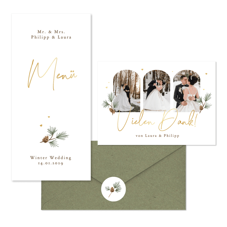 Hochzeitskartenset schlicht Winter Tannenzweige und Zapfen