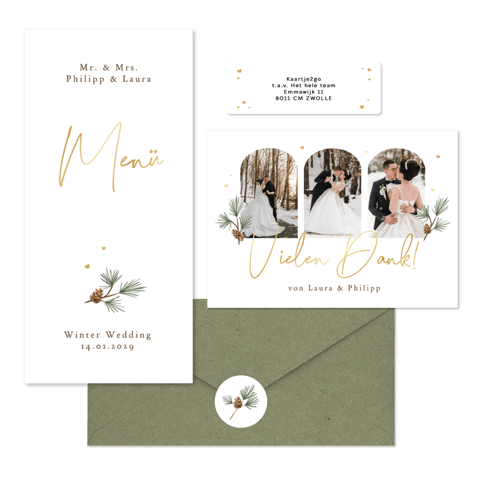 Hochzeitskartenset schlicht Winter Tannenzweige und Zapfen