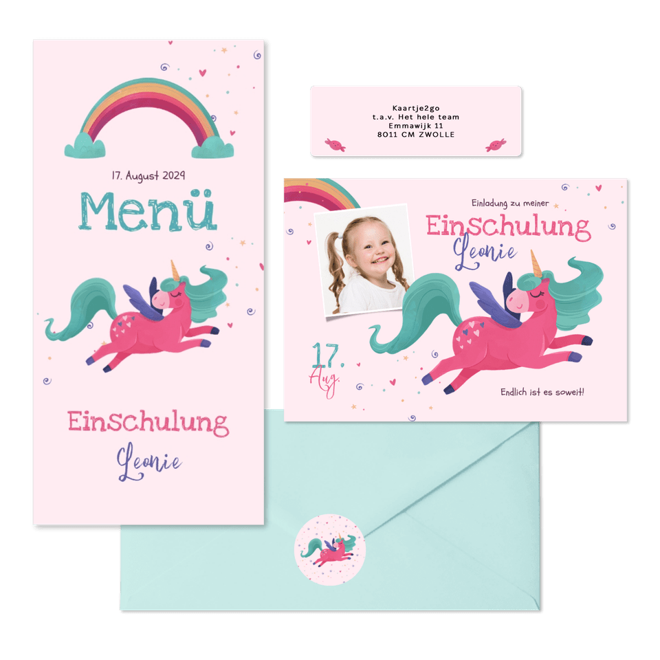 Einschulung - Pinkes Einhorn & Regenbogen