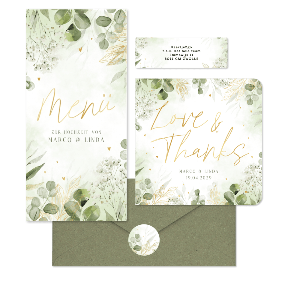 Hochzeitkartenset mit vielen grünen Zweige in Aquarell