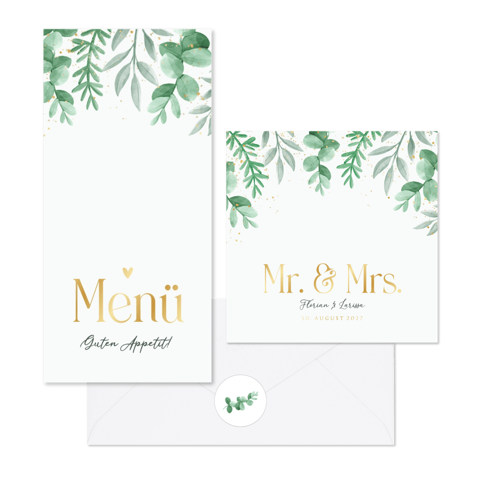 Hochzeitskartenset Blattgrün & Gold