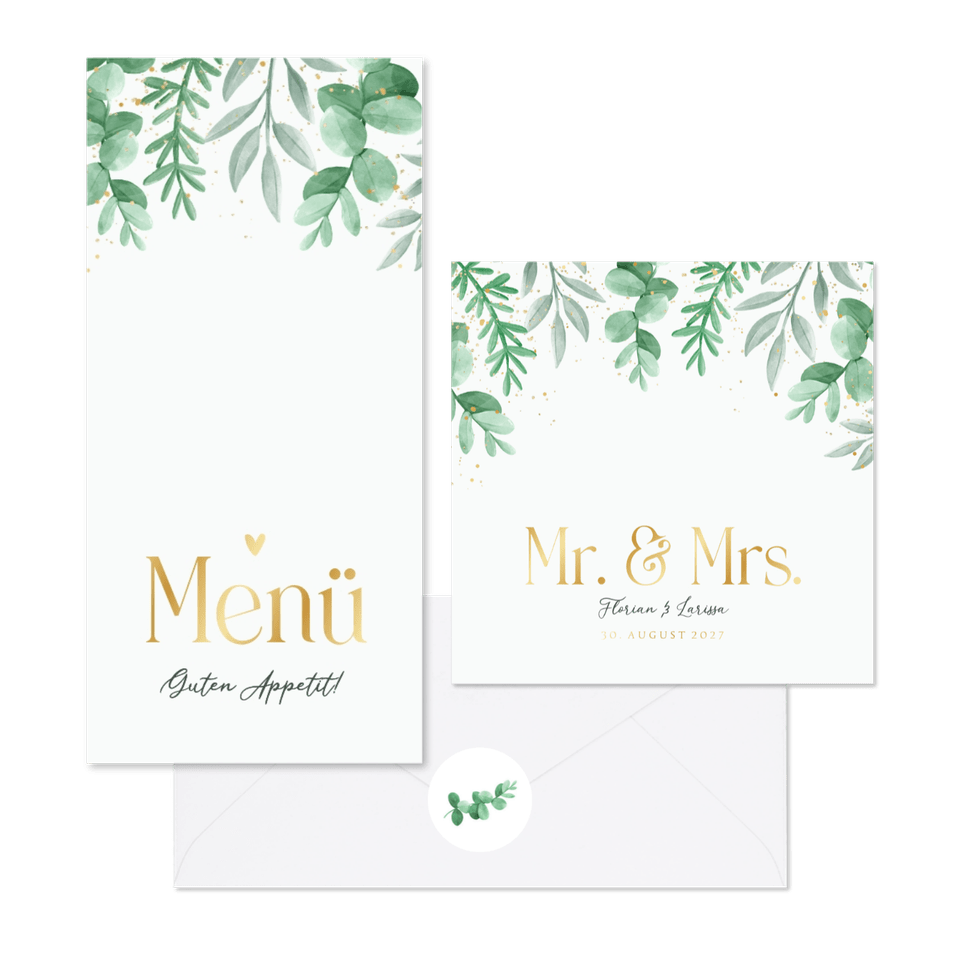 Hochzeitskartenset Blattgrün & Gold
