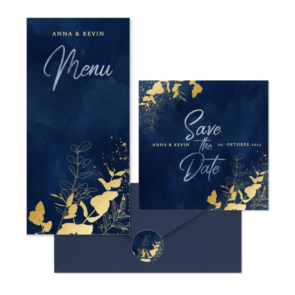 Hochzeitskartenset goldener Eukalyptus auf Dunkelblau
