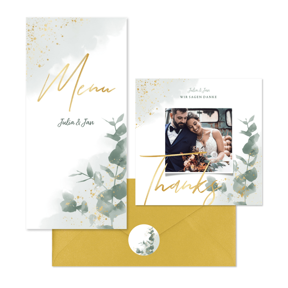 Hochzeitskarten Pastellgrün botanisch mit Eukalyptus