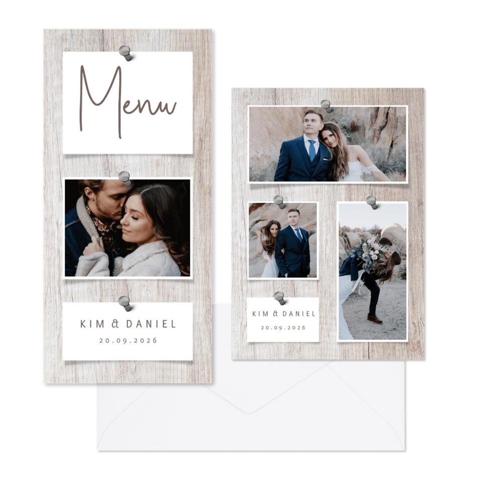 Hochzeitskartenset Fotocollage auf Holzhintergrund