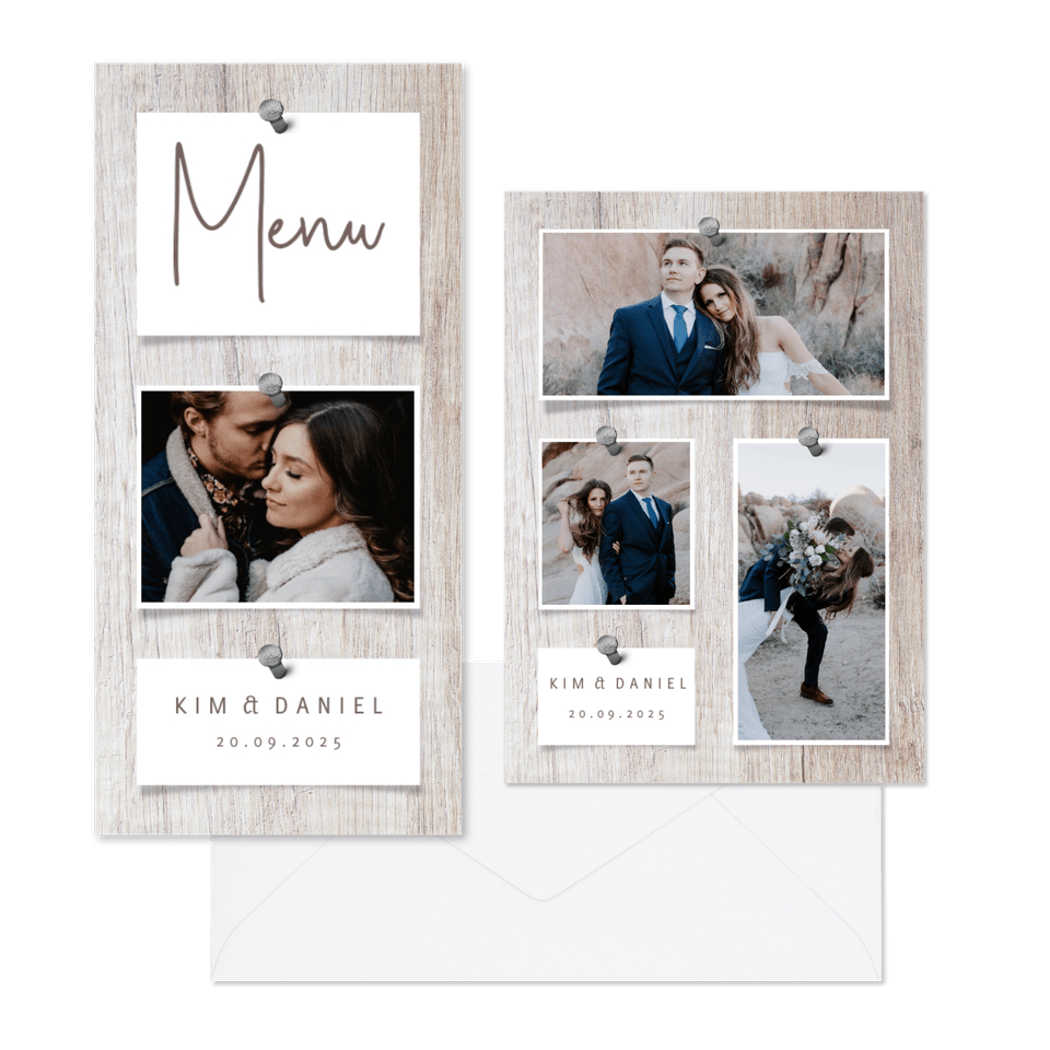 Hochzeitskartenset Fotocollage auf Holzhintergrund