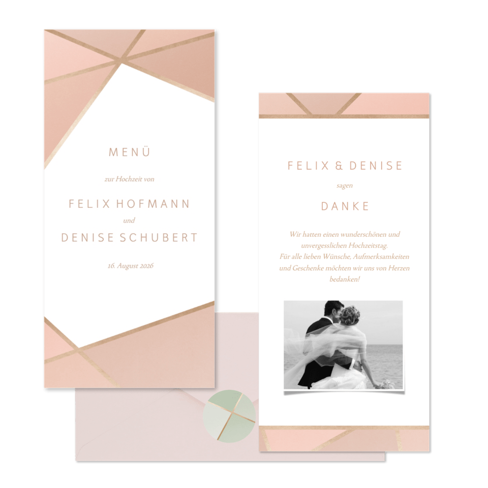 Hochzeitskartenset Geometrische Formen Rosé & Gold
