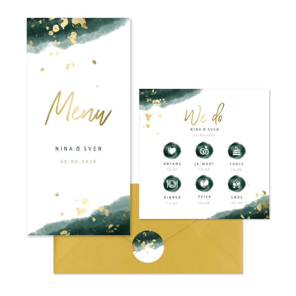 Hochzeitskartenset modernes Aquarell in Dunkelgrün