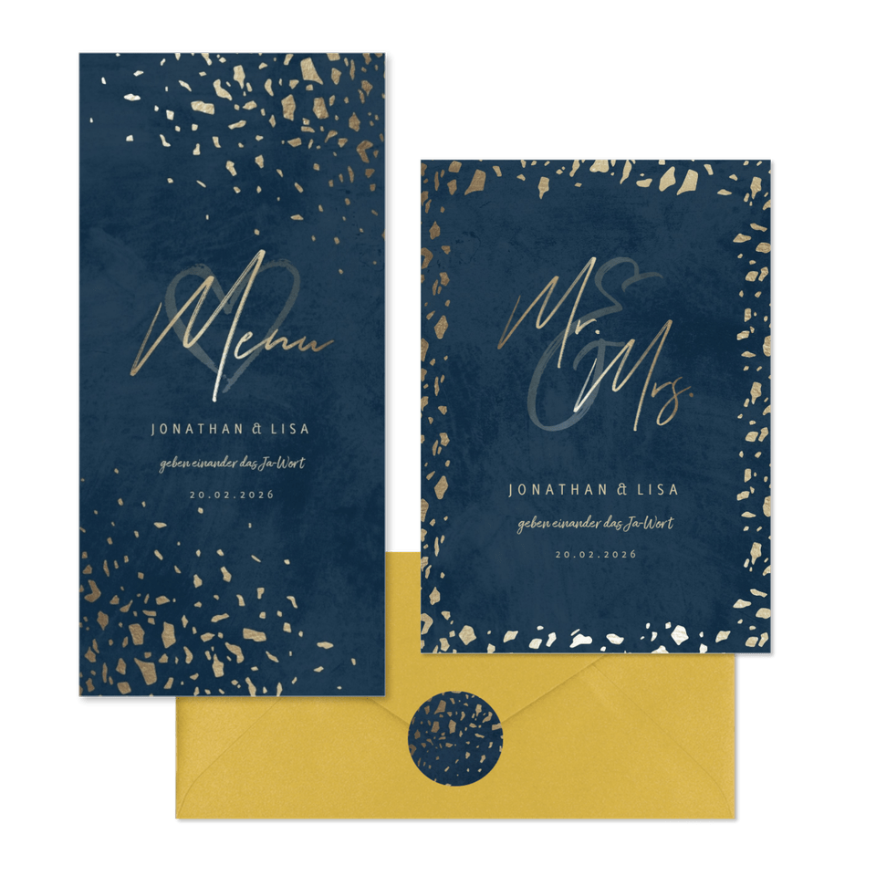 Hochzeitskartenset Dunkelblau mit Goldschnipseln