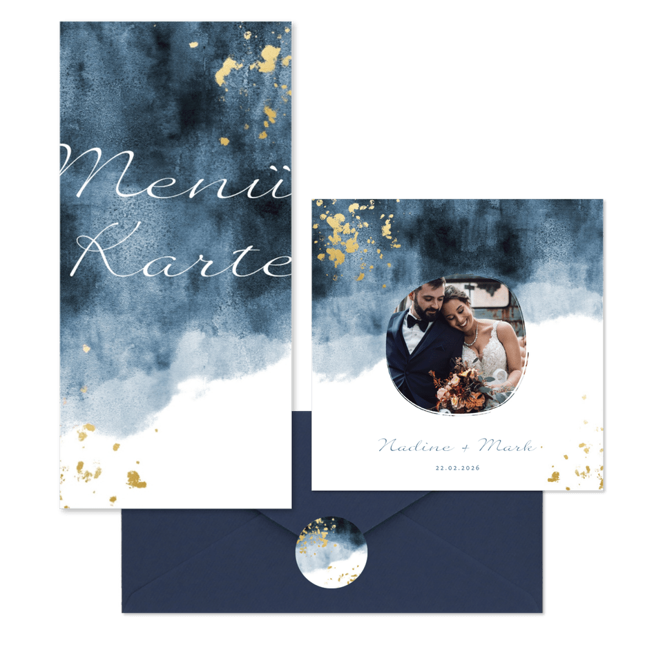 Hochzeitskartenset in blauem Aquarelldesign mit Goldflecken