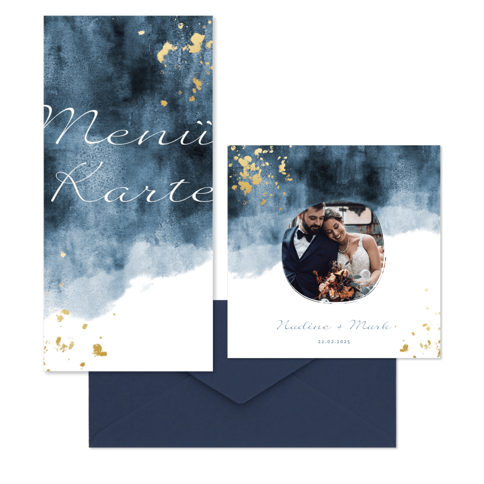 Hochzeitskartenset in blauem Aquarelldesign mit Goldflecken