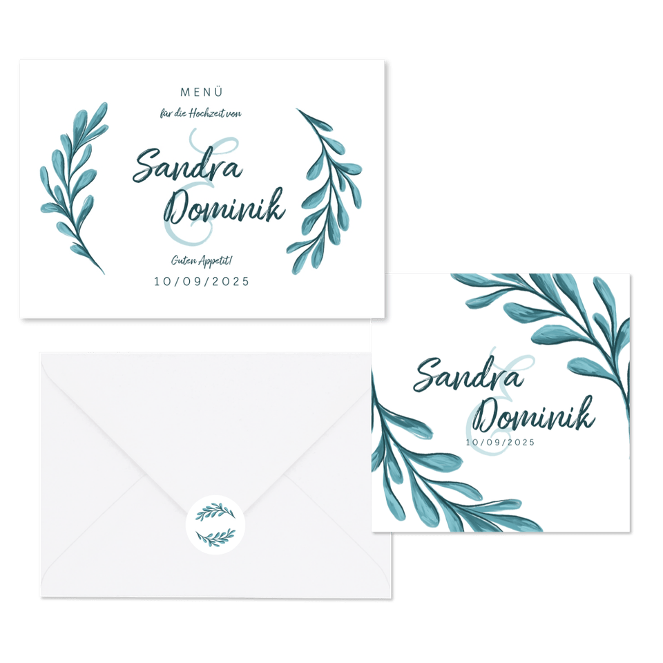 Hochzeitskartenset Zweige in Türkis Illustration