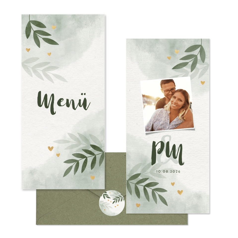 Hochzeitskartenset Botanical Wasserfarbe mit Goldherzchen