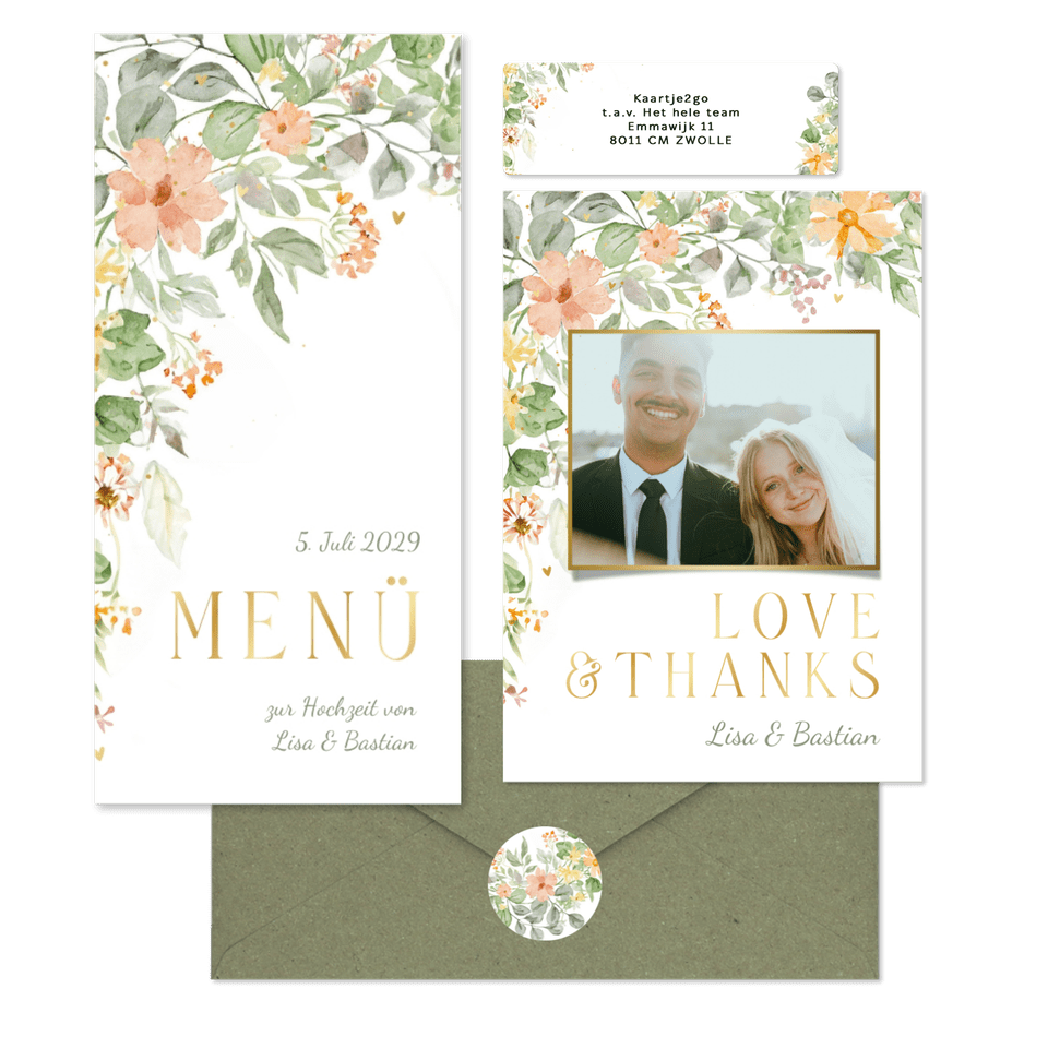 Hochzeitskartenset mit bunten Blumenranken in Aquarell