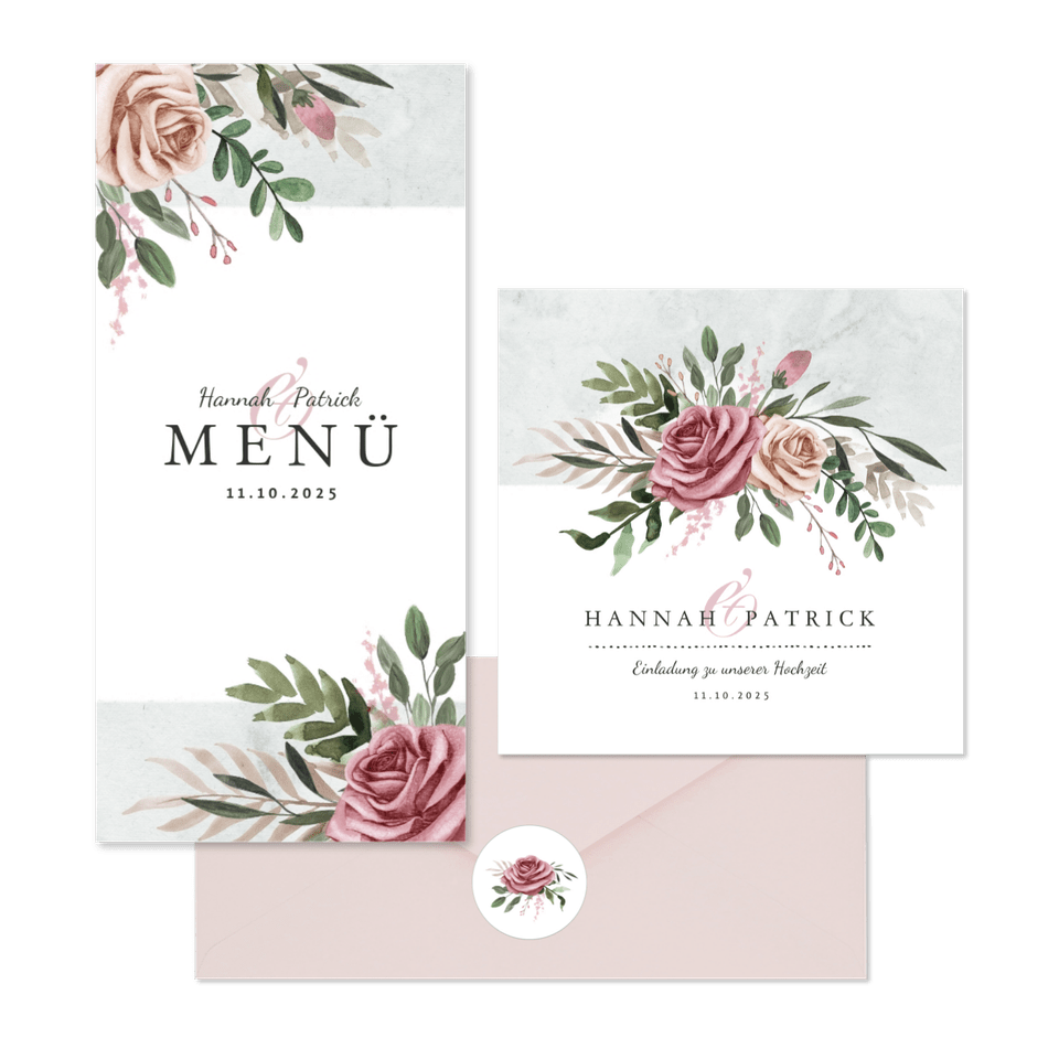 Hochzeitskartenset klassisches Rosenbukett