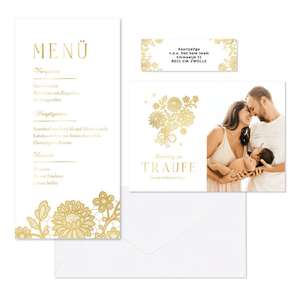 Hochzeitskartenset goldene Blumenspitze auf Weiß