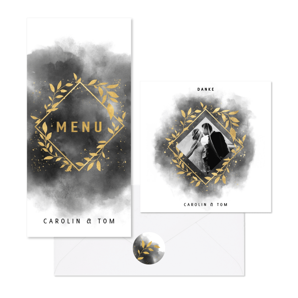 Hochzeitskartenset goldene Zweige auf schwarzem Aquarell