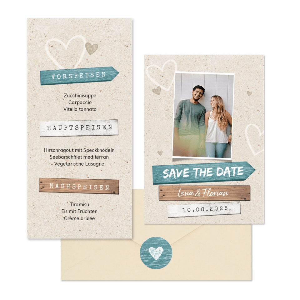Hochzeitskartenset Wegweiser Sandstrand