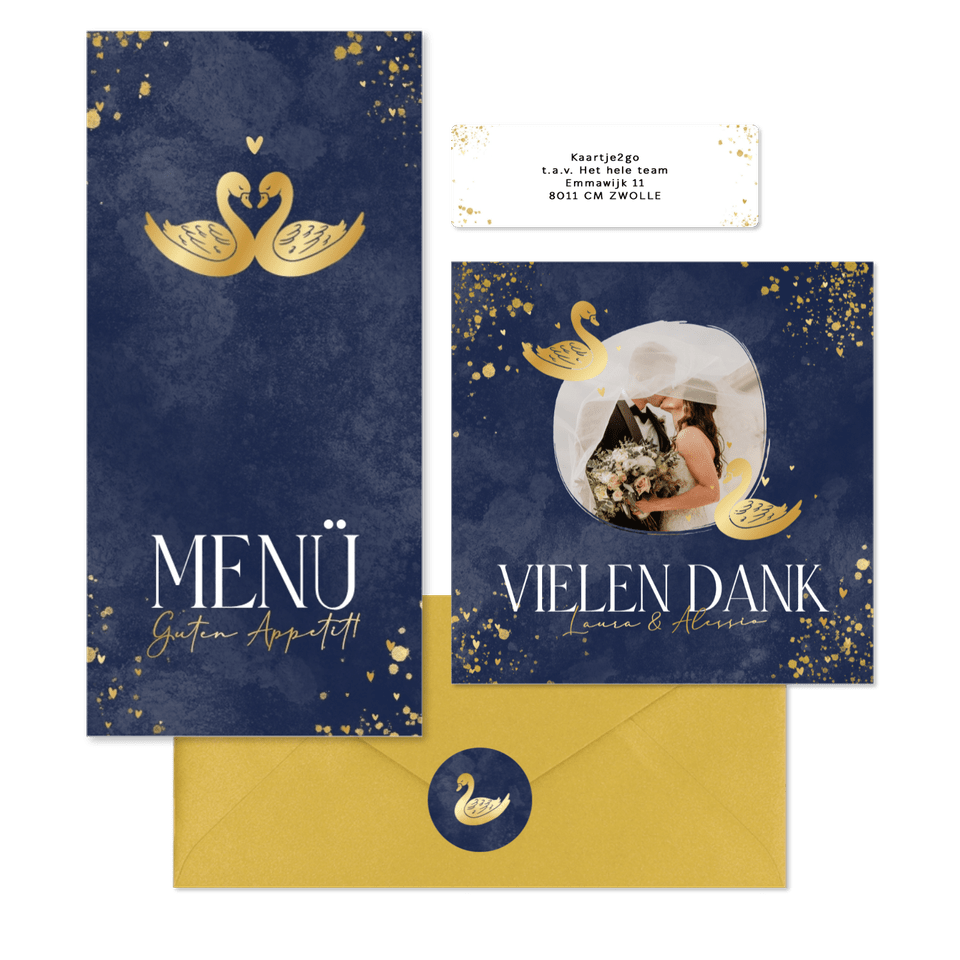 Hochzeitkartenset mit zwei goldenen Schwänen auf Dunkelblau