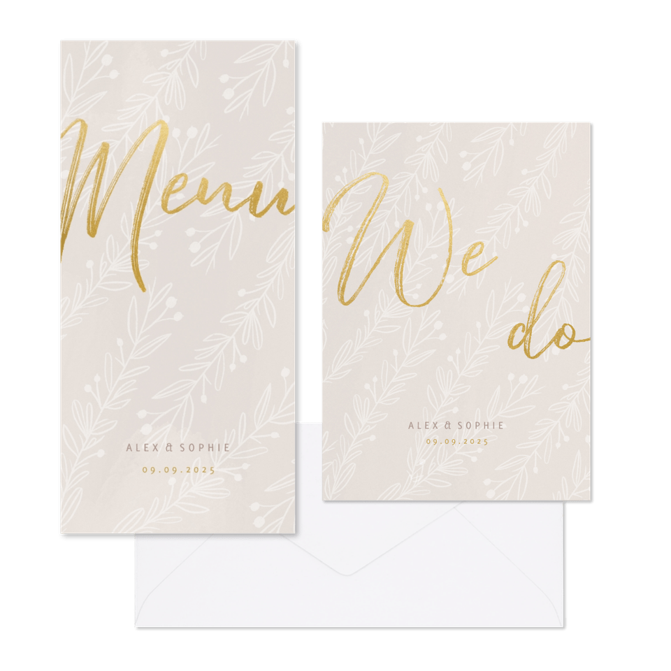 Hochzeitskartenset blasse Zweige auf Beige