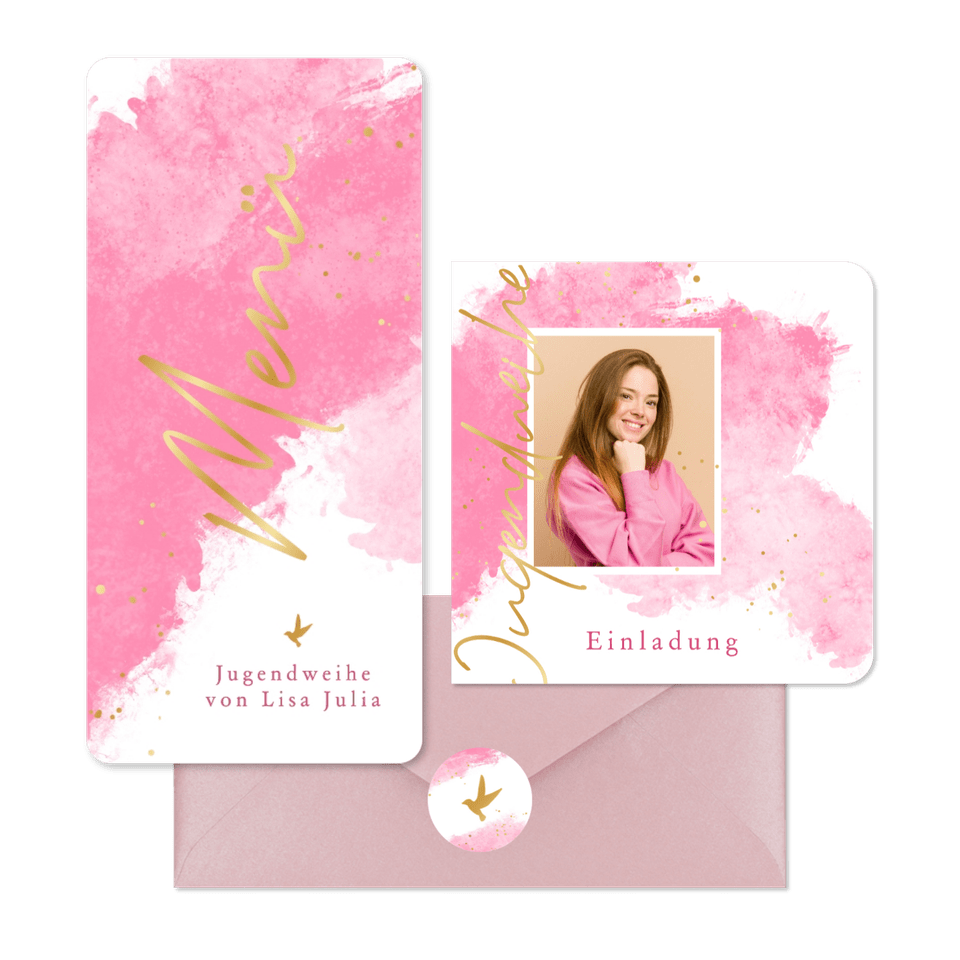 Jugendweihe - Rosa Aquarell mit goldenem Vogel