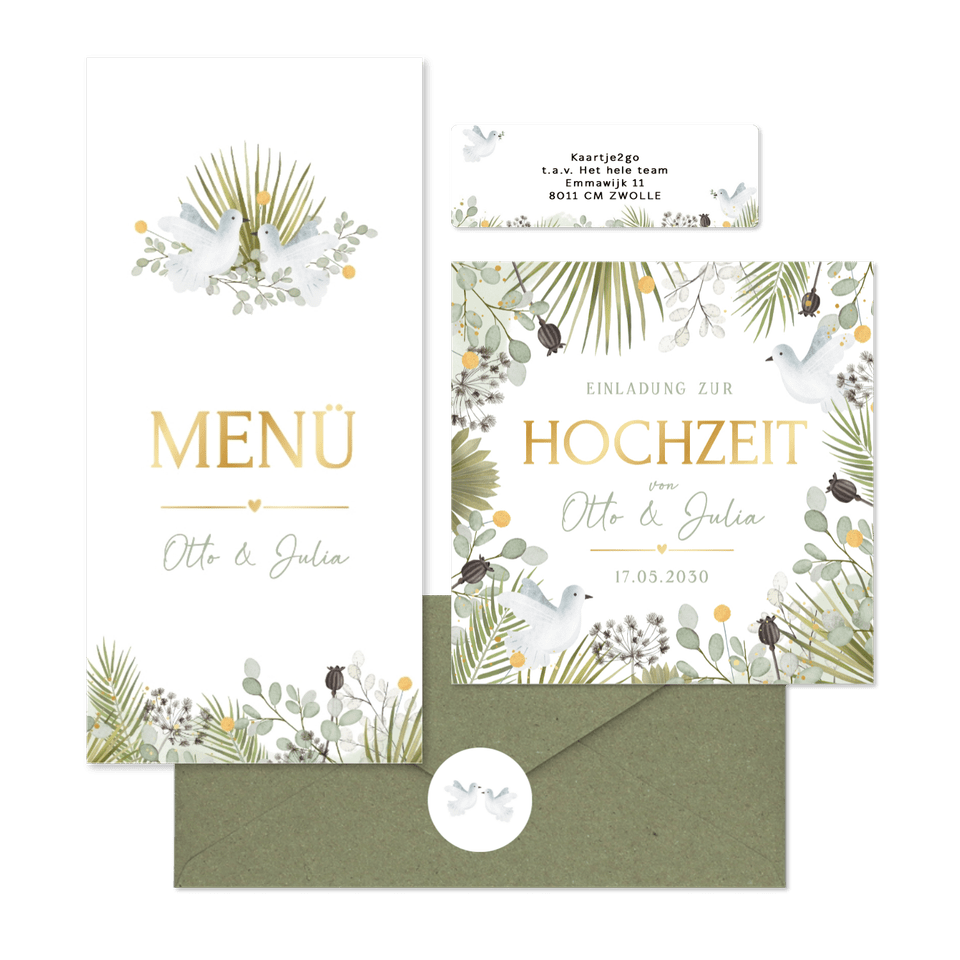 Hochzeit - Zwei weiße Tauben mit vielen grünen Zweigen