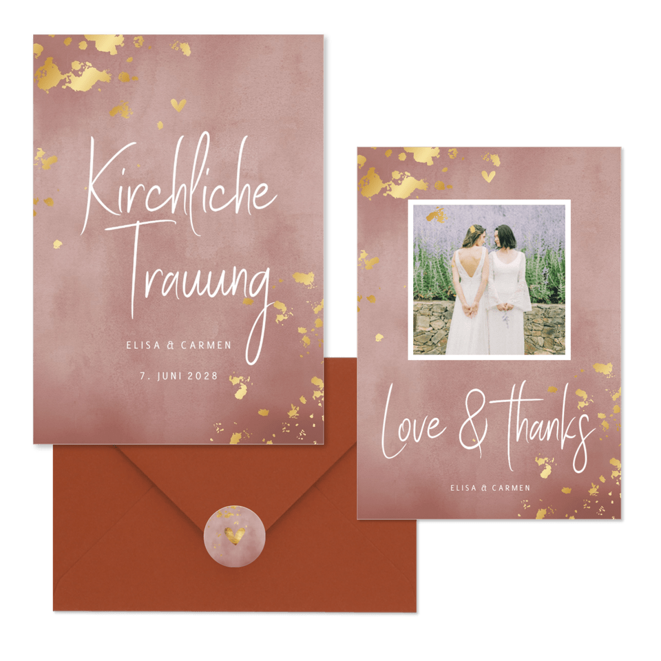 Hochzeitskartenset rosa Aquarell mit Goldtupfen