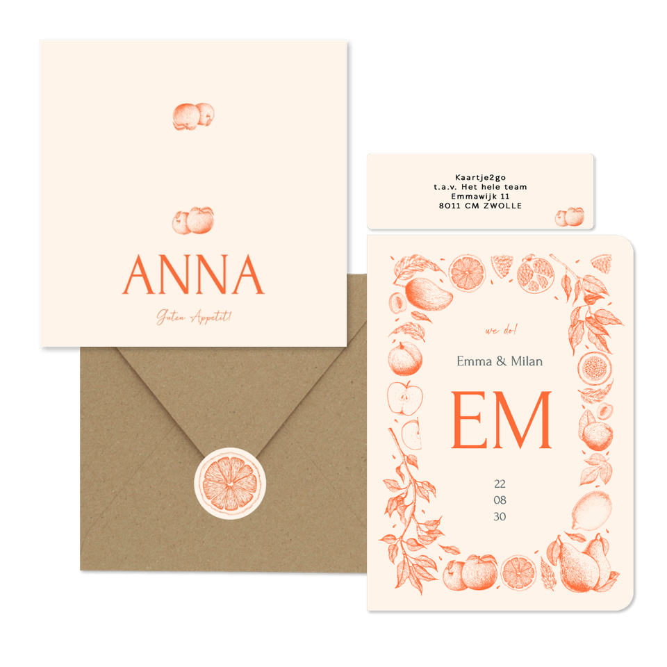 Hochzeit - Früchte in feinen Linienzeichnungen orange