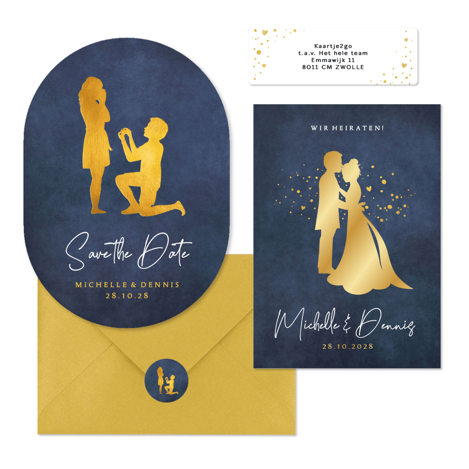 Hochzeitskartenset Goldener Scherenschnitt auf Dunkelblau