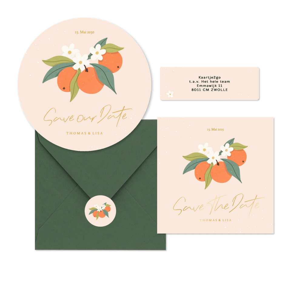 Hochzeitskartenset Orangen mit Orangenblüten 