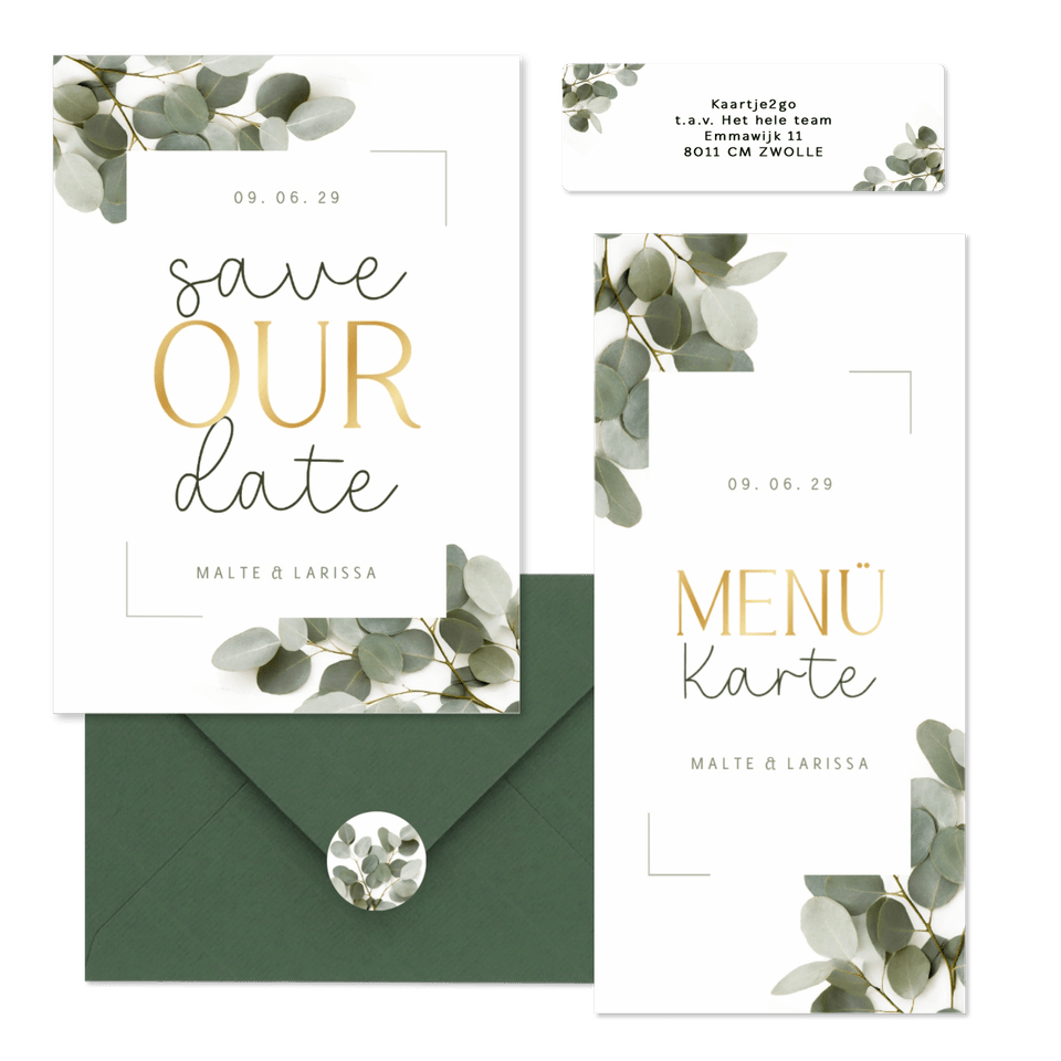 Hochzeitskarten dunkle Eukalyptuszweige & Schreibschrift