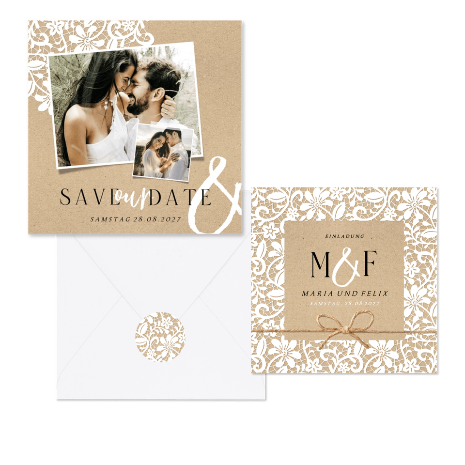 Hochzeitskartenset mit romantischer Spitze auf Kraftpapier