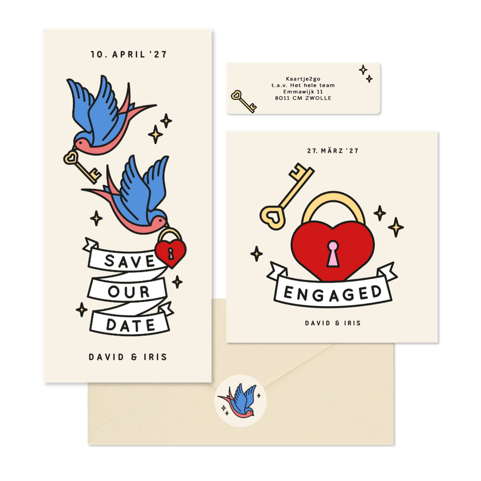 Hochzeitskartenset im Tattoolook Herz und Schwalben