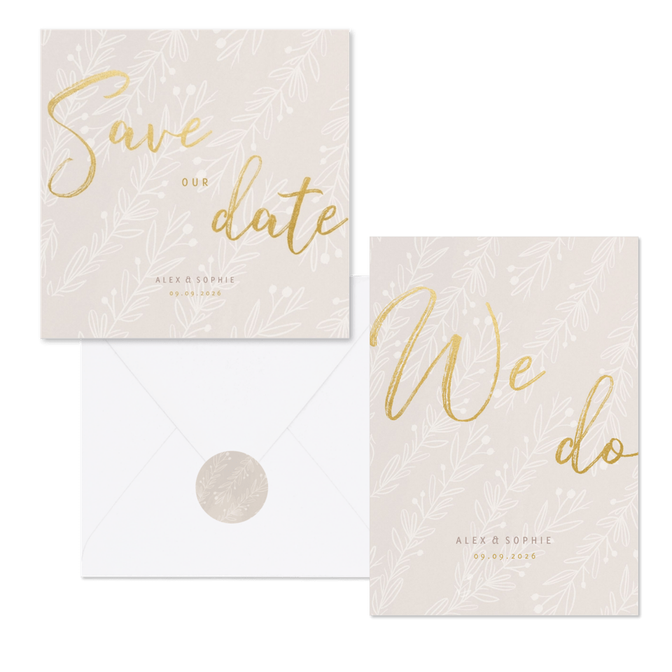 Hochzeitskartenset blasse Zweige auf Beige