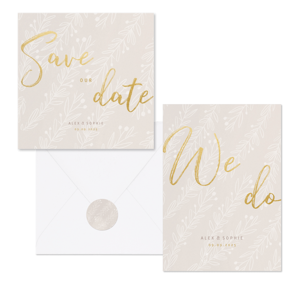 Hochzeitskartenset blasse Zweige auf Beige