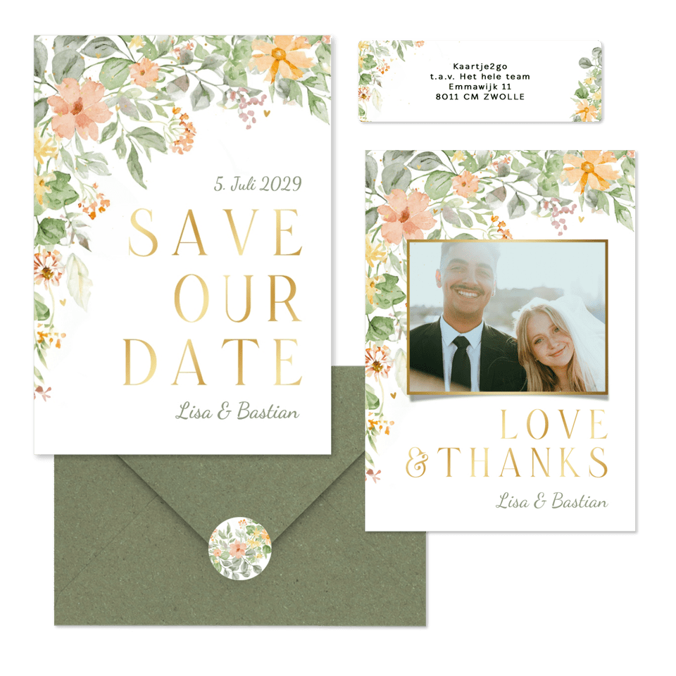 Hochzeitskartenset mit bunten Blumenranken in Aquarell