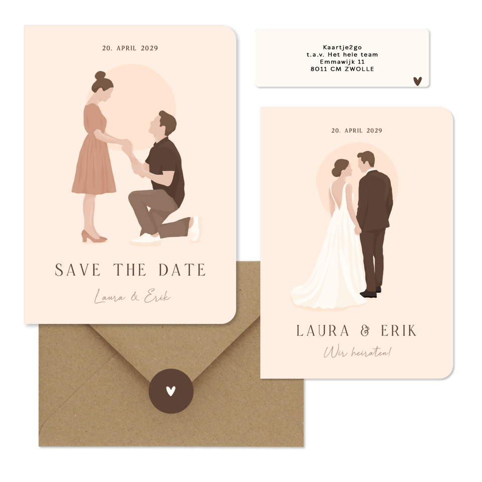 Hochzeitskartenset Illustrationen Brautpaar auf Beige