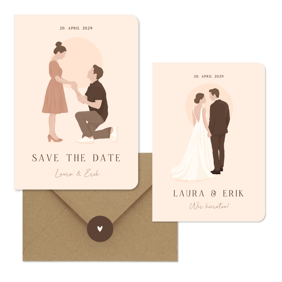 Hochzeitskartenset Illustrationen Brautpaar auf Beige