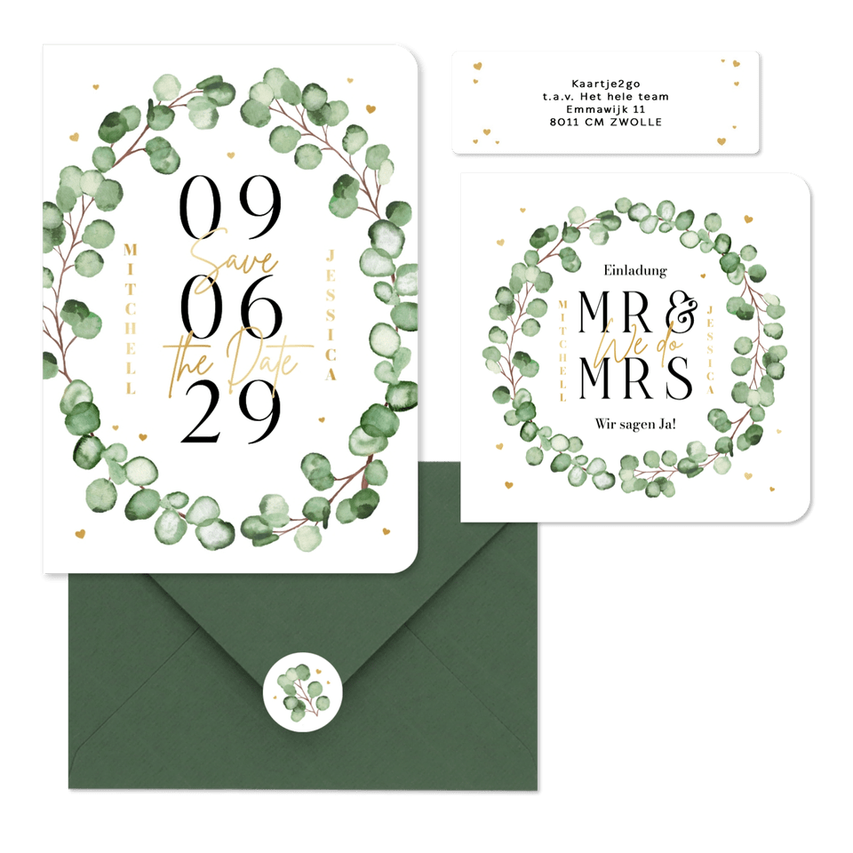 Hochzeitskartenset Eukalyptuszweige mit goldenen Herzchen