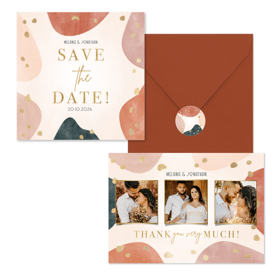 Hochzeitskartenset organische Formen mit Goldklecksen