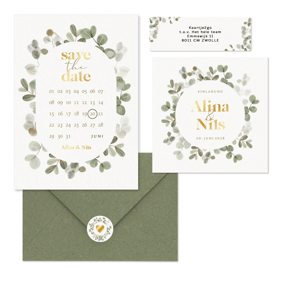 Hochzeitskartenset mit Eukalyptuskranz und Goldschrift