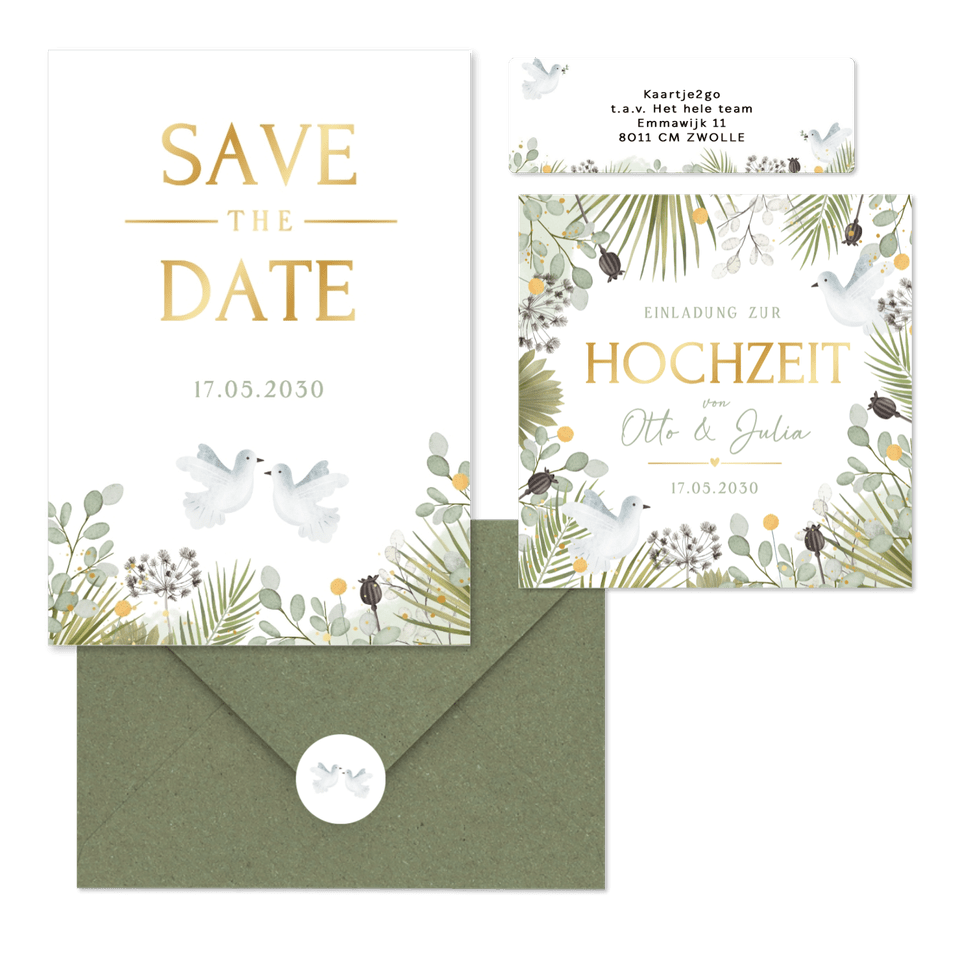 Hochzeit - Zwei weiße Tauben mit vielen grünen Zweigen