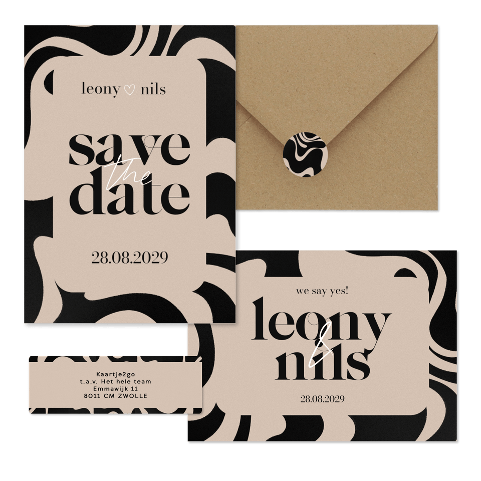Hochzeitskartenset mit abstrakten Wellenformen Schwarz & Beige